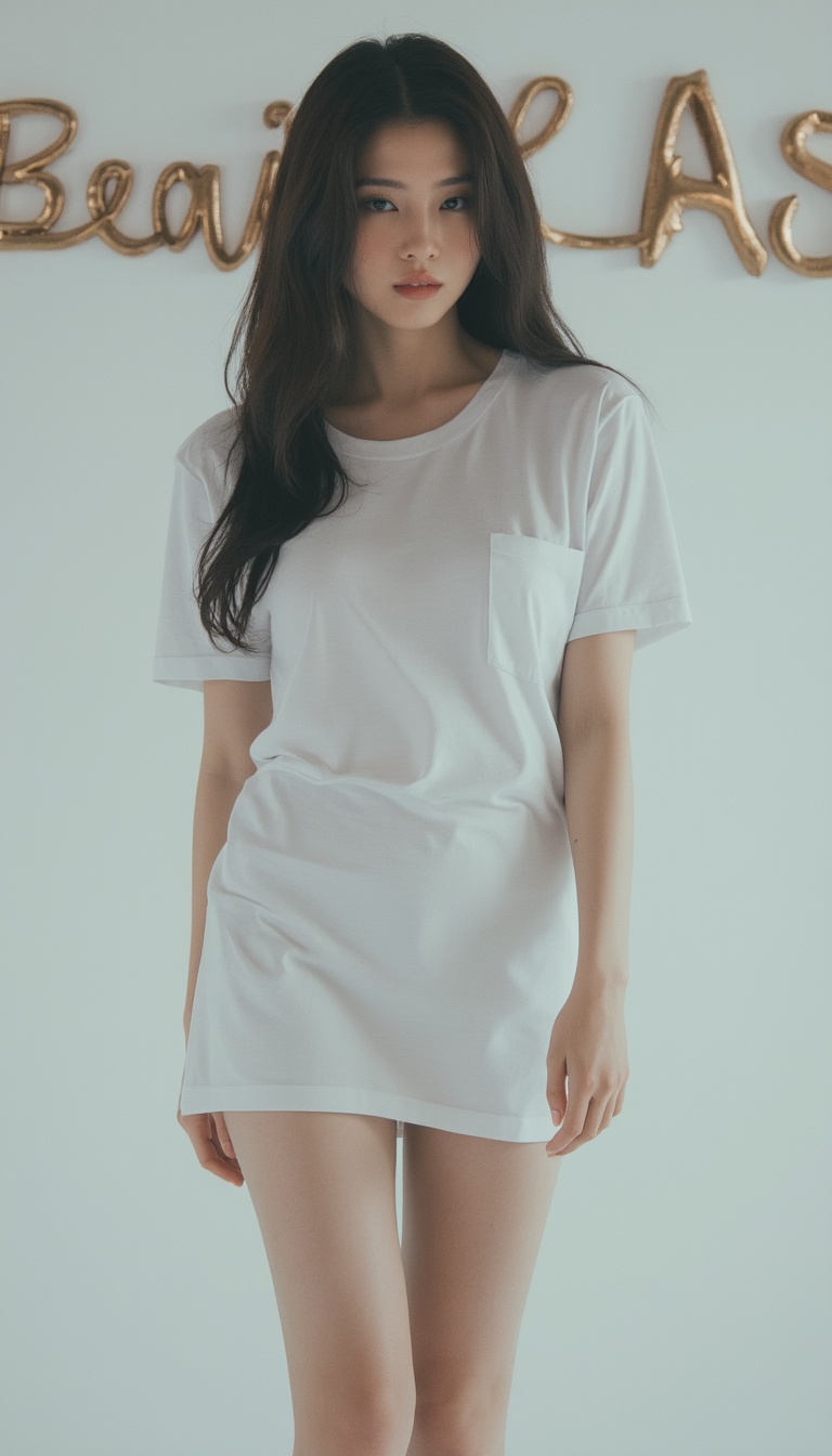 In a white photo studio,  a sultry,  dark-haired siren standing tall on Tensor.Art