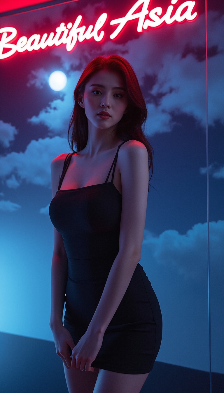 In a futuristic photo studio,  a sultry,  dark-haired siren standing tall on Tensor.Art