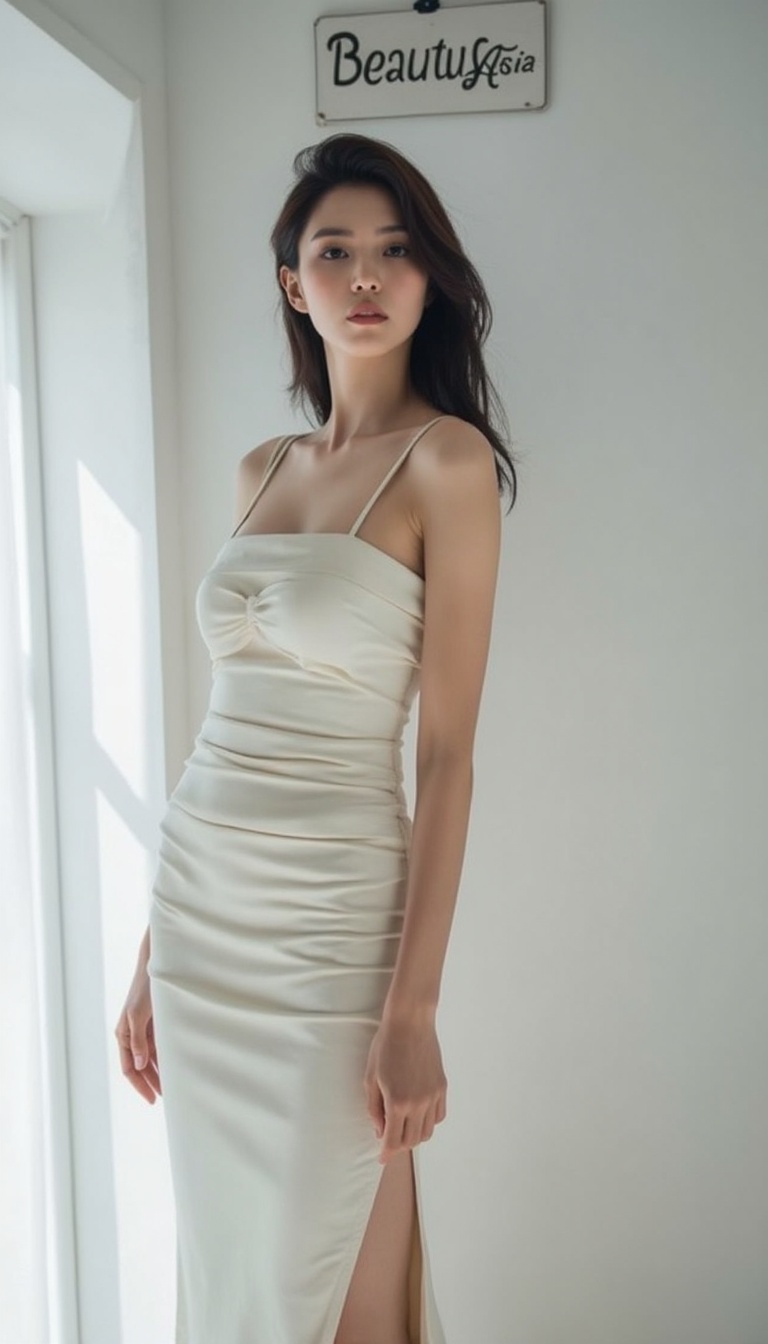 In a white photo studio,  a sultry,  dark-haired siren standing tall on Tensor.Art