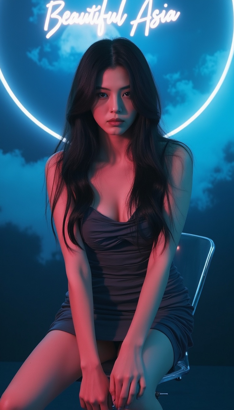 In a futuristic photo studio,  a sultry,  dark-haired siren sits poised on a glass chair on Tensor.Art