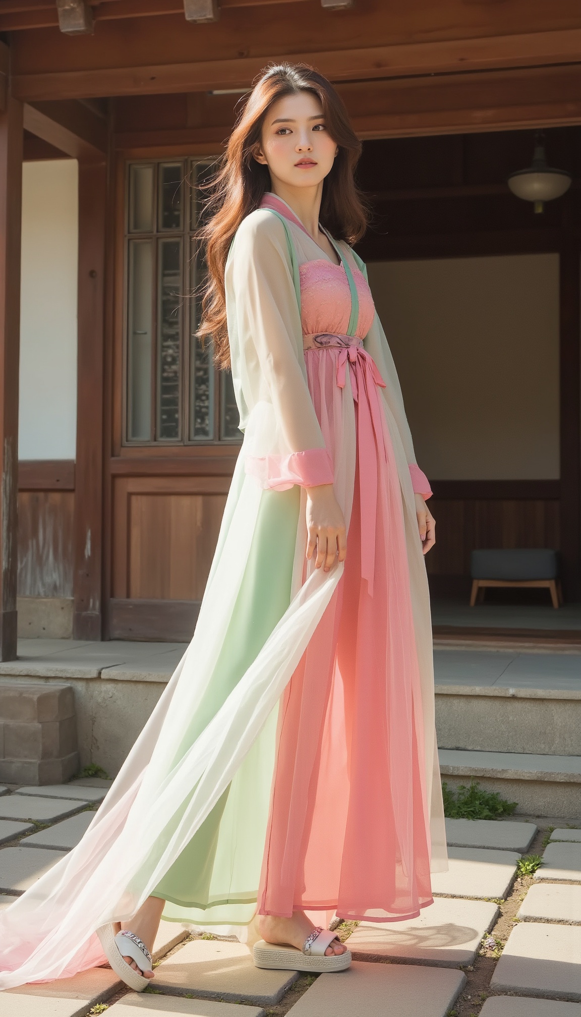 A slutry sexy girl wearing sheer korean clothing,  adorned in a stunning hanbok,  stands confidently in front of a traditi...