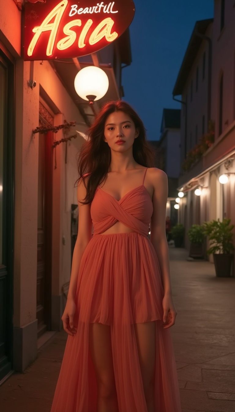 A cinematic masterpiece unfolds as the camera captures a stunning young woman standing on a European street,  bathed in de...