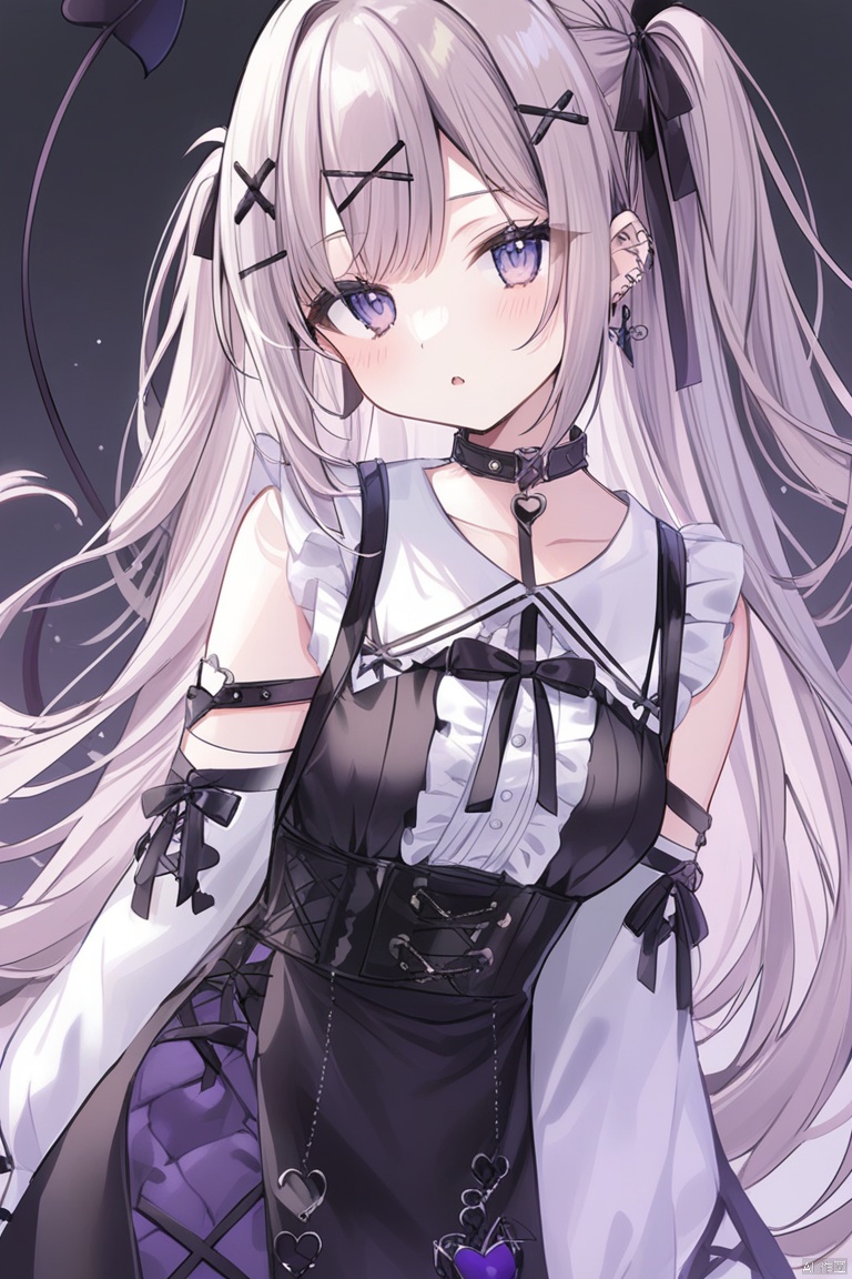  1girl, tail, demon_tail, hair_ornament, long_hair, hairclip, ribbon, black_ribbon, choker, earrings, x_hair_ornament, hair_ribbon, jewelry, solo