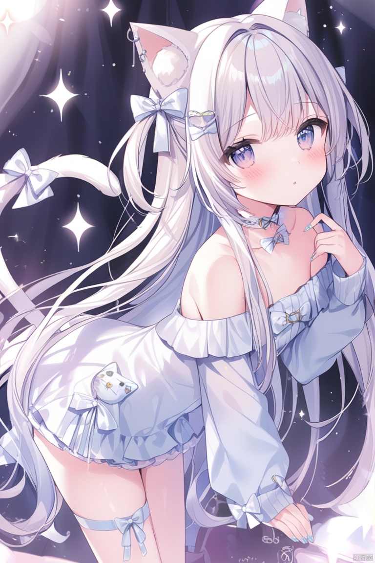 1girl, solo, tail_ornament, bow, long_hair, tail, sparkle, cat_tail, blush, nail_polish, tail_bow, very_long_hair, off_shoulder, tail_ribbon, white_bow, hair_bow