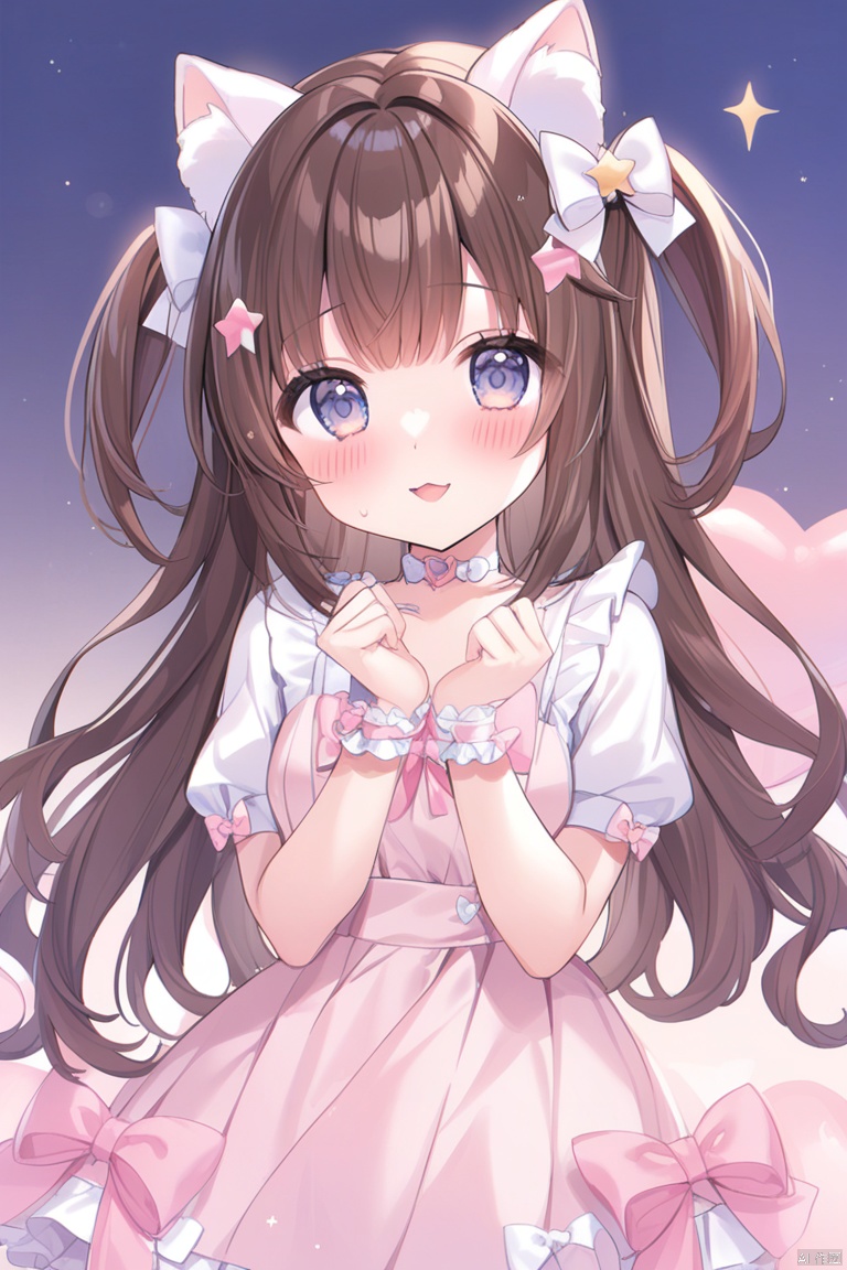 1girl, sparkle, star_\(symbol\), bow, heart, solo, long_hair, animal_ears, star_hair_ornament, brown_hair, blush, hair_bow, white_bow