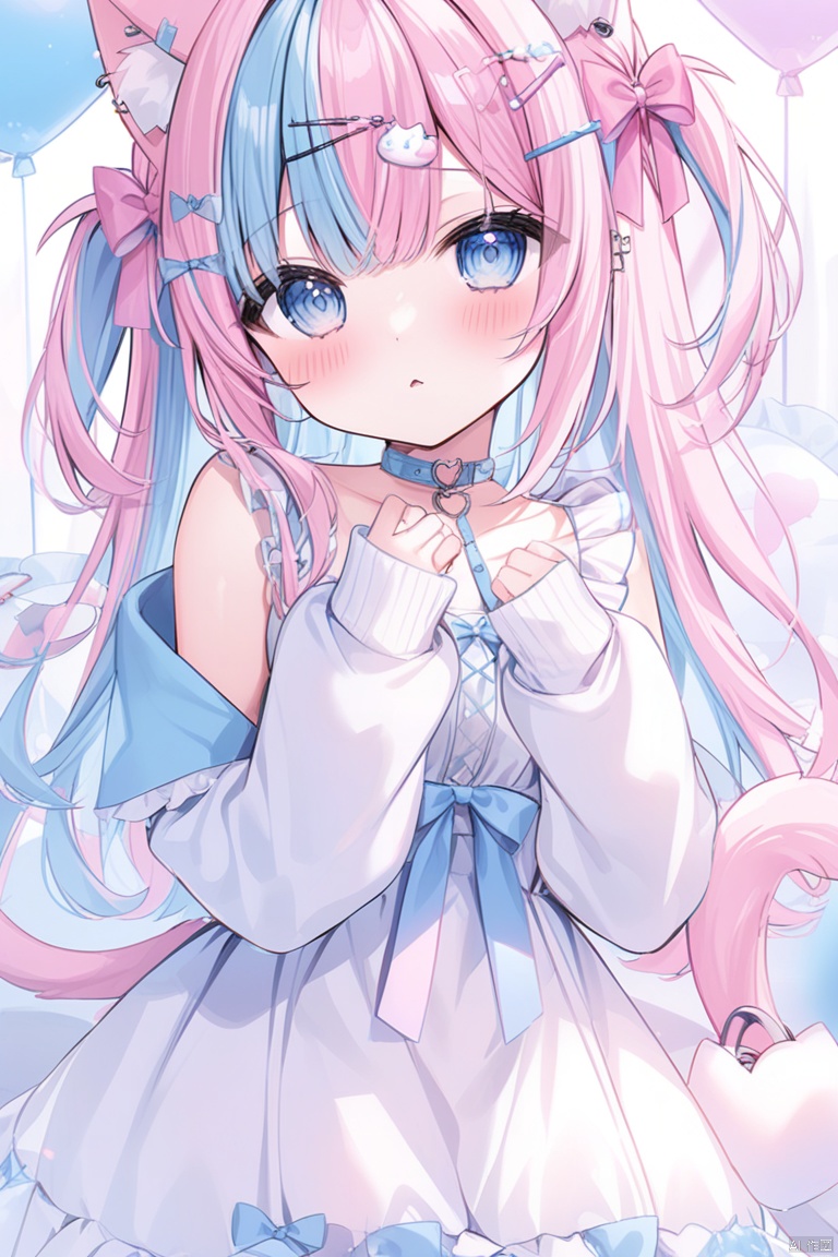 1girl, solo, long hair, looking at viewer, blush, bangs, blue eyes, hair ornament, dress, bow, ribbon, animal ears, blue hair, tail, pink hair, hair bow, heart, multicolored hair, sleeveless, hairclip, virtual youtuber, cat ears, off shoulder, white dress, cat tail, animal ear fluff, sleeves past wrists, piercing, cat girl, pink bow, ear piercing