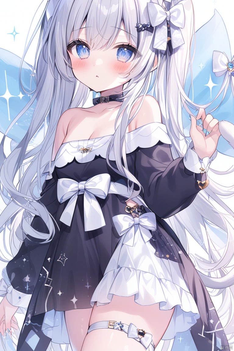 1girl, solo, tail_ornament, bow, long_hair, tail, sparkle, cat_tail, blush, nail_polish, tail_bow, very_long_hair, off_shoulder, tail_ribbon, white_bow, hair_bow