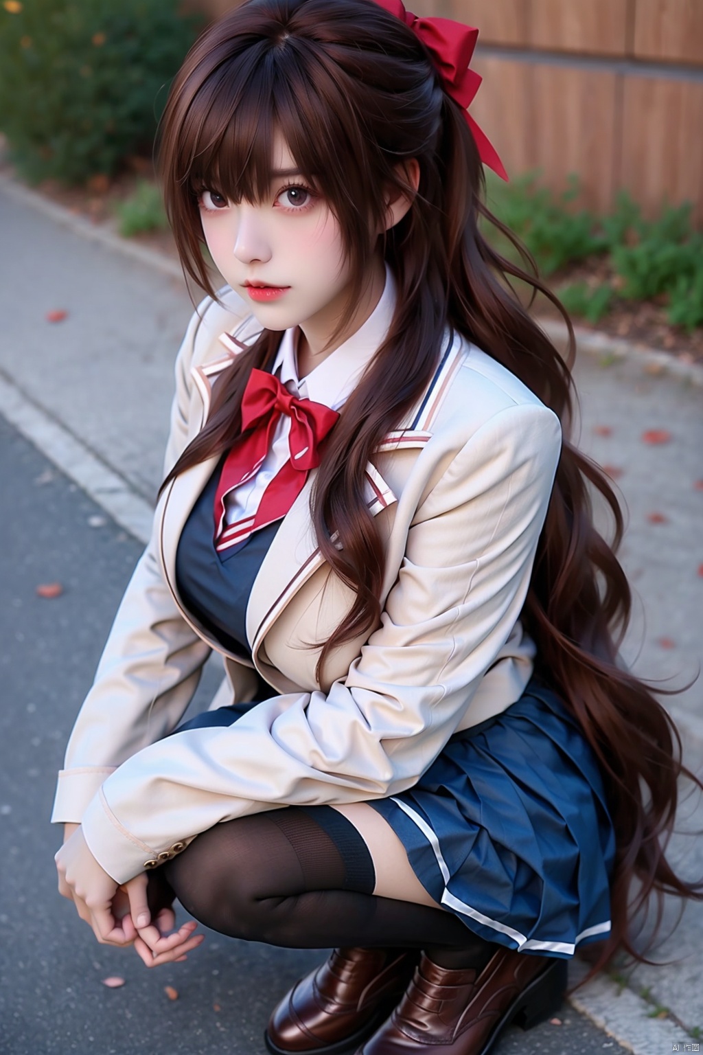 1girl solo long hair looking at viewer skirt brown hair long sleeves bow brown eyes school uniform full body outdoors shoes socks red bow blue skirt brown footwear squatting black socks loafers realistic