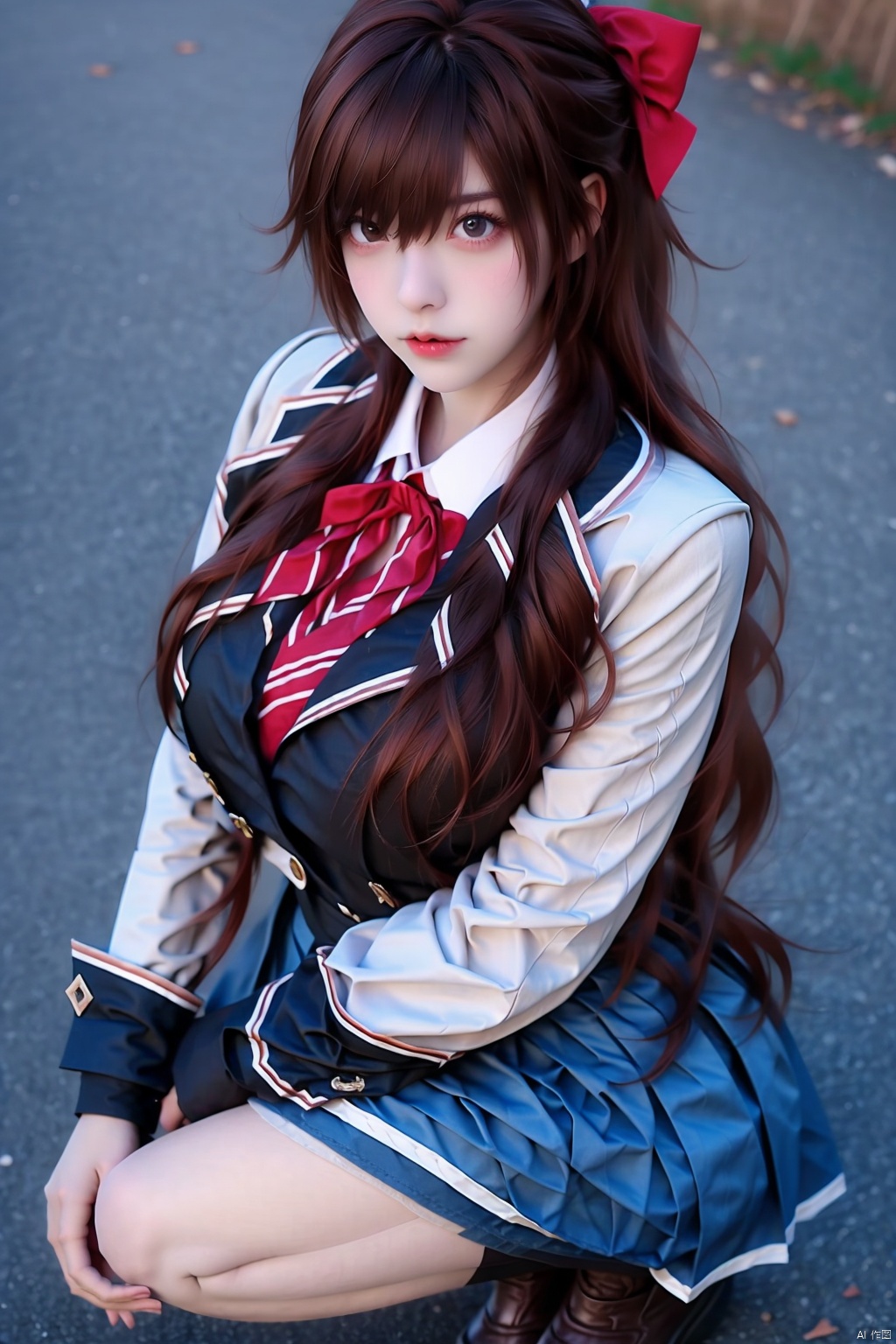 1girl solo long hair looking at viewer skirt brown hair long sleeves bow brown eyes school uniform full body outdoors shoes socks red bow blue skirt brown footwear squatting black socks loafers realistic