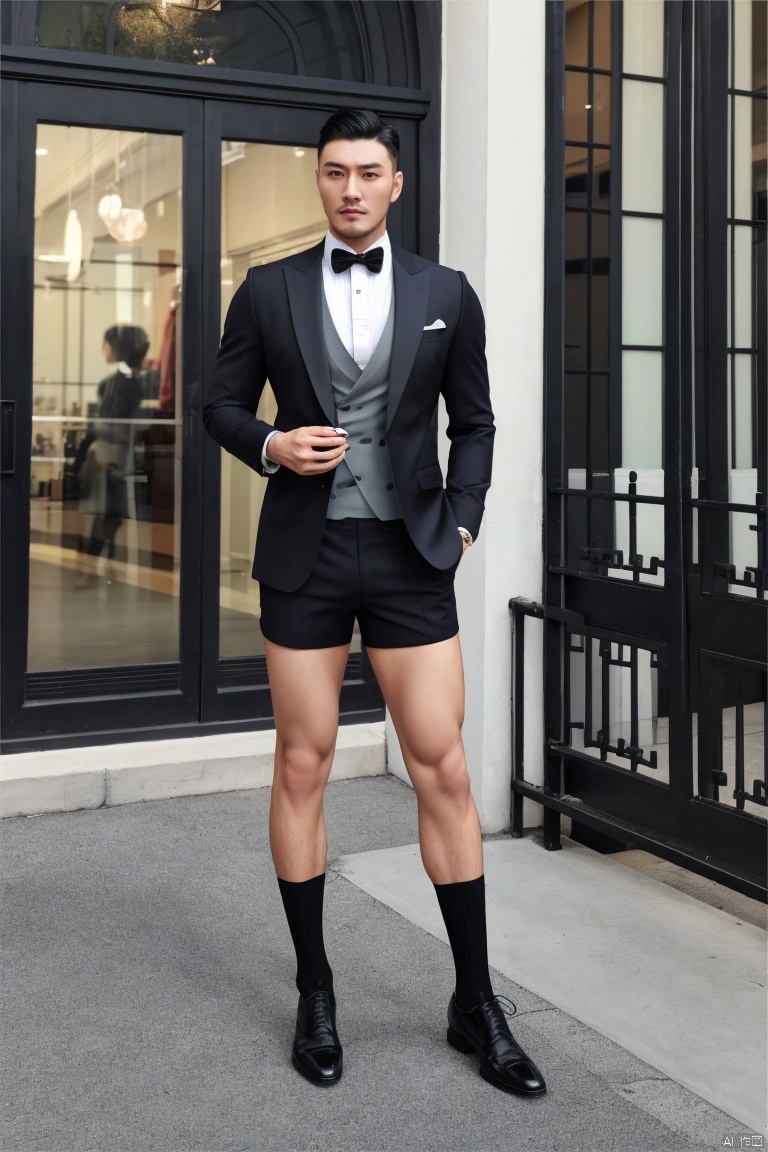 jzns, 1man,fashion model,male focus,asian,exquisite facial features,handsome,muscular,pectorales,tight shorts,gothic kneehigh socks,full body,Business fashion, (masterpiece, realistic, best quality, highly detailed,profession),hzbz