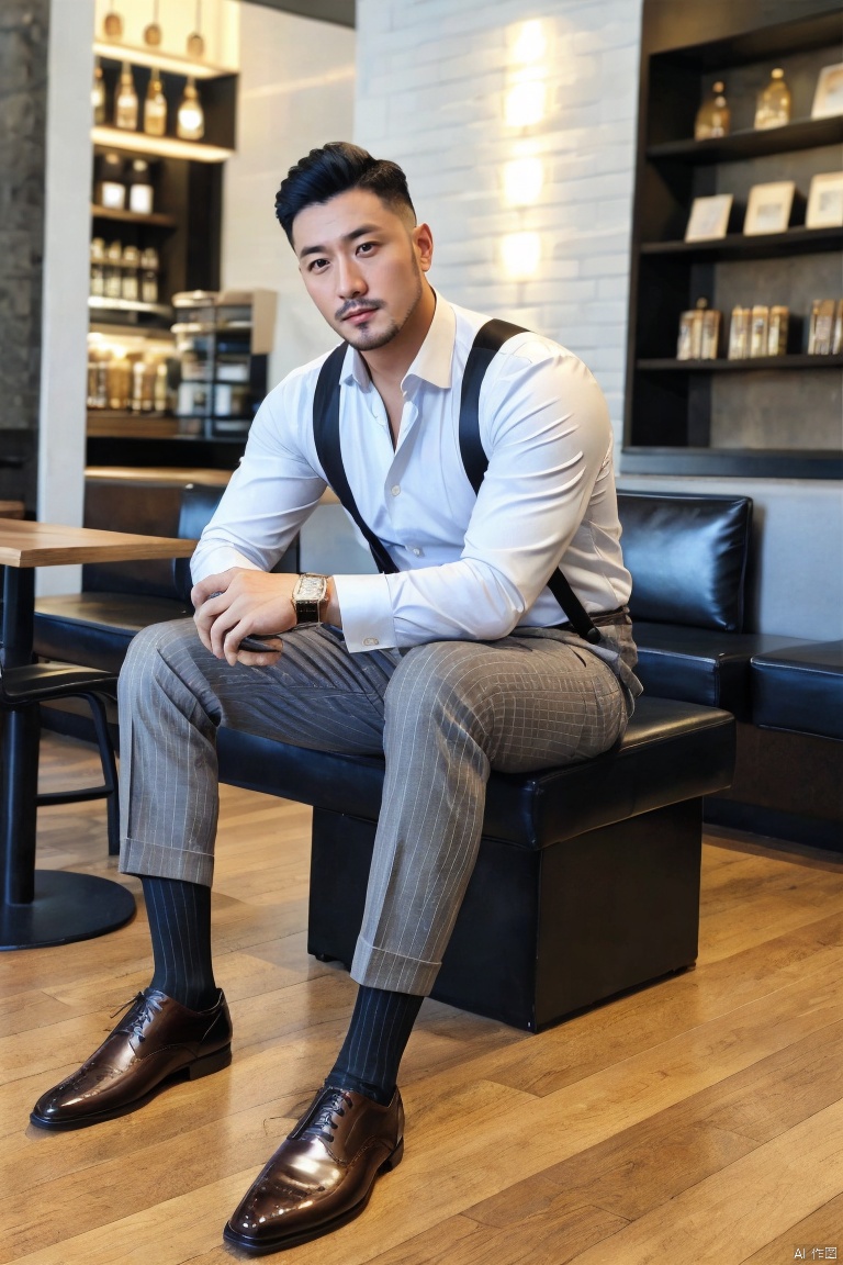 jzns,hzbz,1man,solo,asian,handsome,realistic,male focus, sitting, indoors, watch, white shirt, holding, blurry, striped, suspenders, looking at viewer, facial hair, in cafe, grey pants,striped pants,striped socks,black socks, brown footwear, full body,(masterpiece,realistic,best quality,highly detailed),