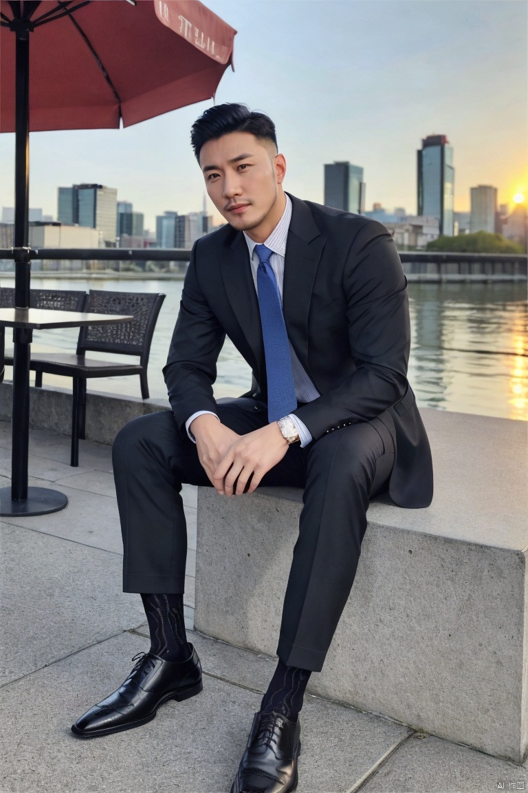 jzns,hzbz,1man,Asian,solo,male focus,exquisite facial features,handsome,charming,shirt,necktie, pants,sitting,black patterned socks,full body,looking at viewer,blurry,sunset,outdoors,city,river,cafe,Tyndall Effect,(masterpiece,realistic,best quality,highly detailed),