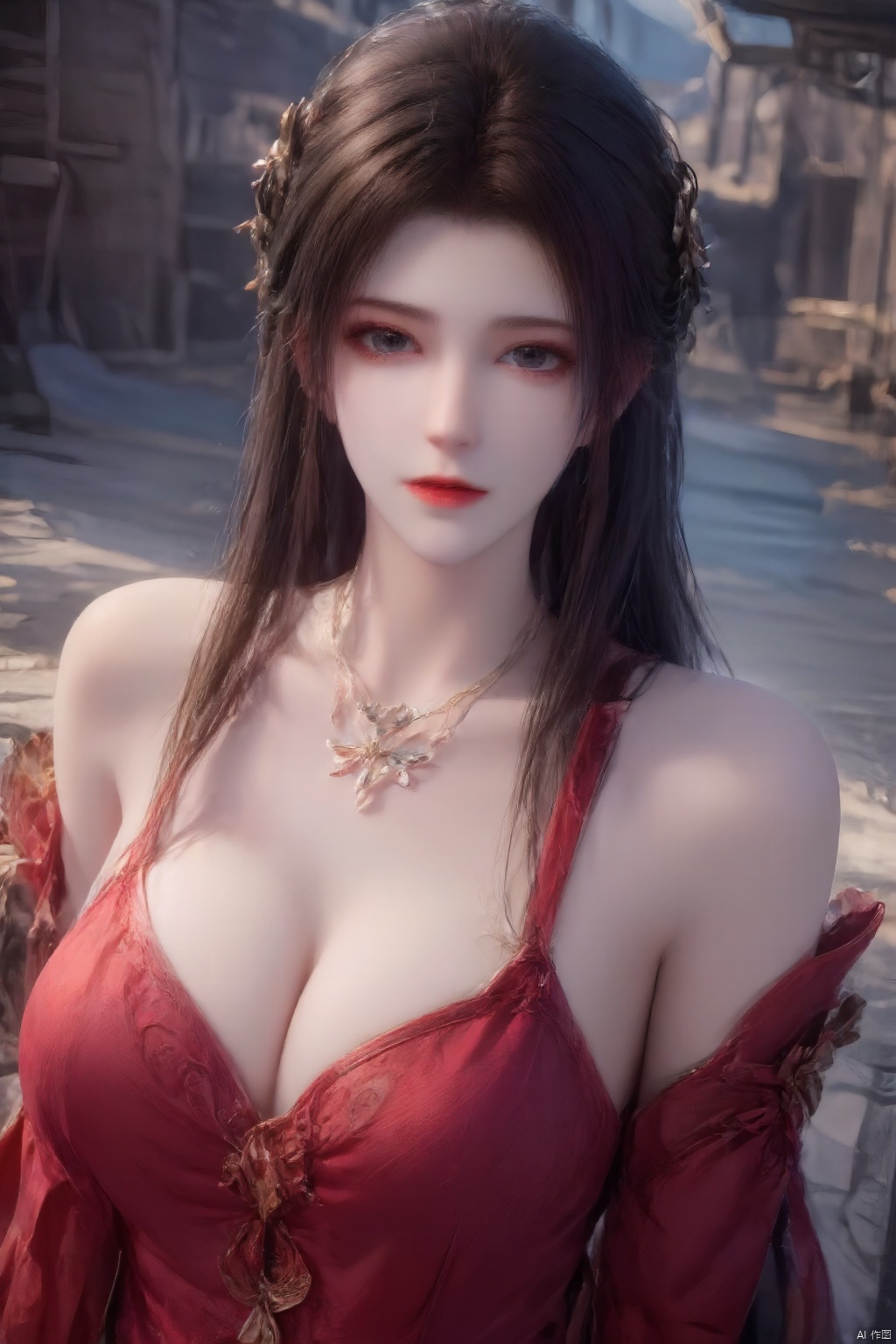 1girl solo long hair looking at viewer brown hair black hair dress bare shoulders jewelry outdoors necklace lips head tilt strapless arms behind back red dress strapless dress realistic