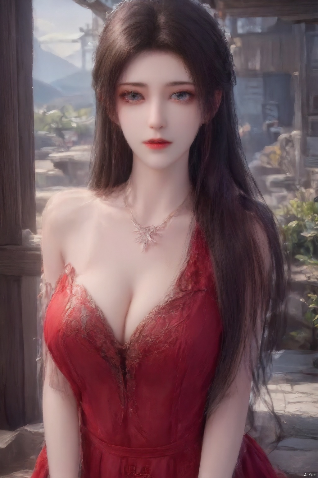 1girl solo long hair looking at viewer brown hair black hair dress bare shoulders jewelry outdoors necklace lips head tilt strapless arms behind back red dress strapless dress realistic
