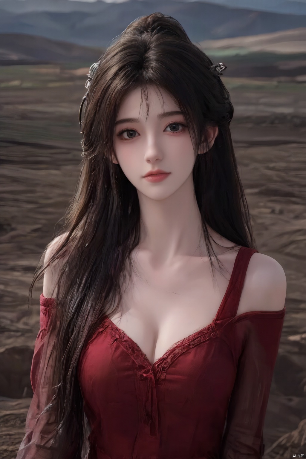 1girl solo long hair looking at viewer brown hair black hair dress bare shoulders jewelry outdoors necklace lips head tilt strapless arms behind back red dress strapless dress realistic