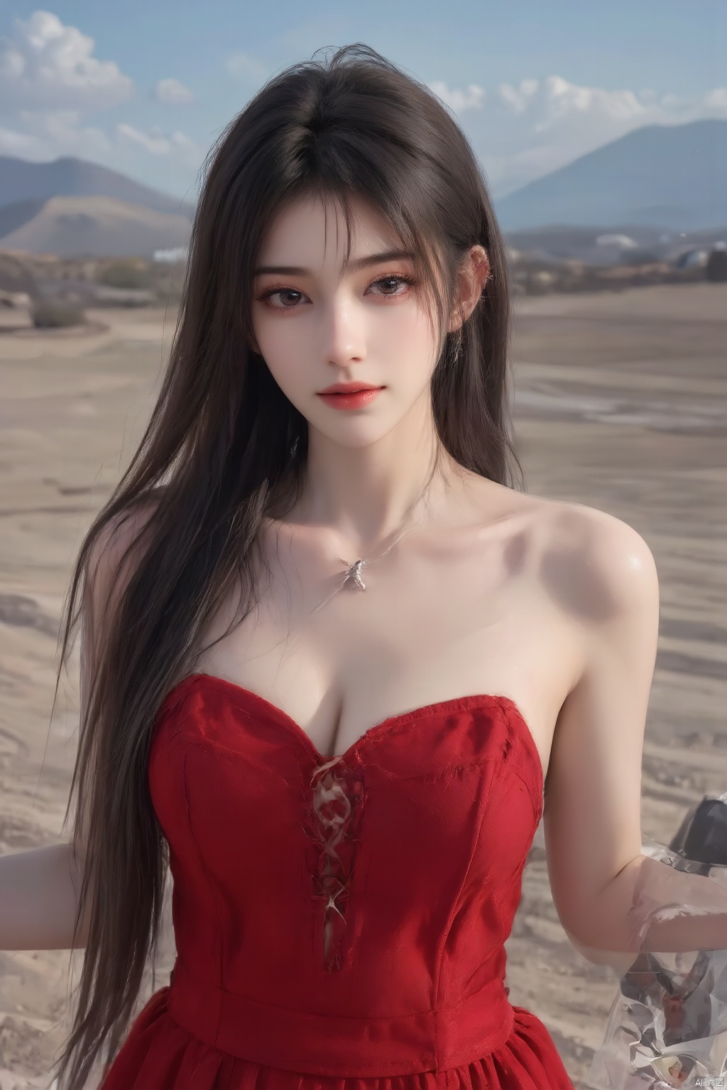 1girl solo long hair looking at viewer brown hair black hair dress bare shoulders jewelry outdoors necklace lips head tilt strapless arms behind back red dress strapless dress realistic