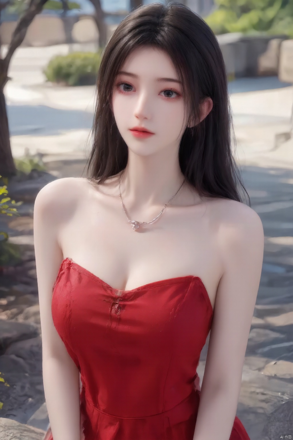 1girl solo long hair looking at viewer brown hair black hair dress bare shoulders jewelry outdoors necklace lips head tilt strapless arms behind back red dress strapless dress realistic