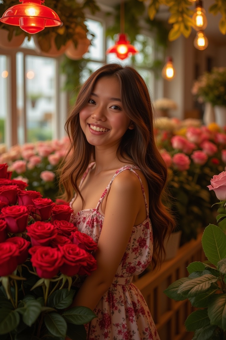 A radiant teenager stands amidst a lush flower store,  warmly lit by the soft glow of the red rose bouquet. Her bright smi...