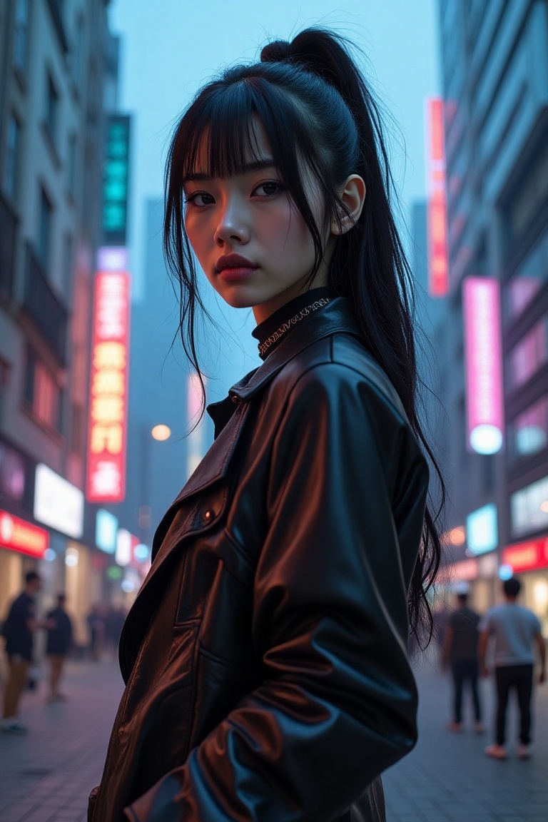 A mesmerizing solo shot of a fashion-forward woman stands poised in Hanoi's vibrant cityscape. In a sleek studio setting,...