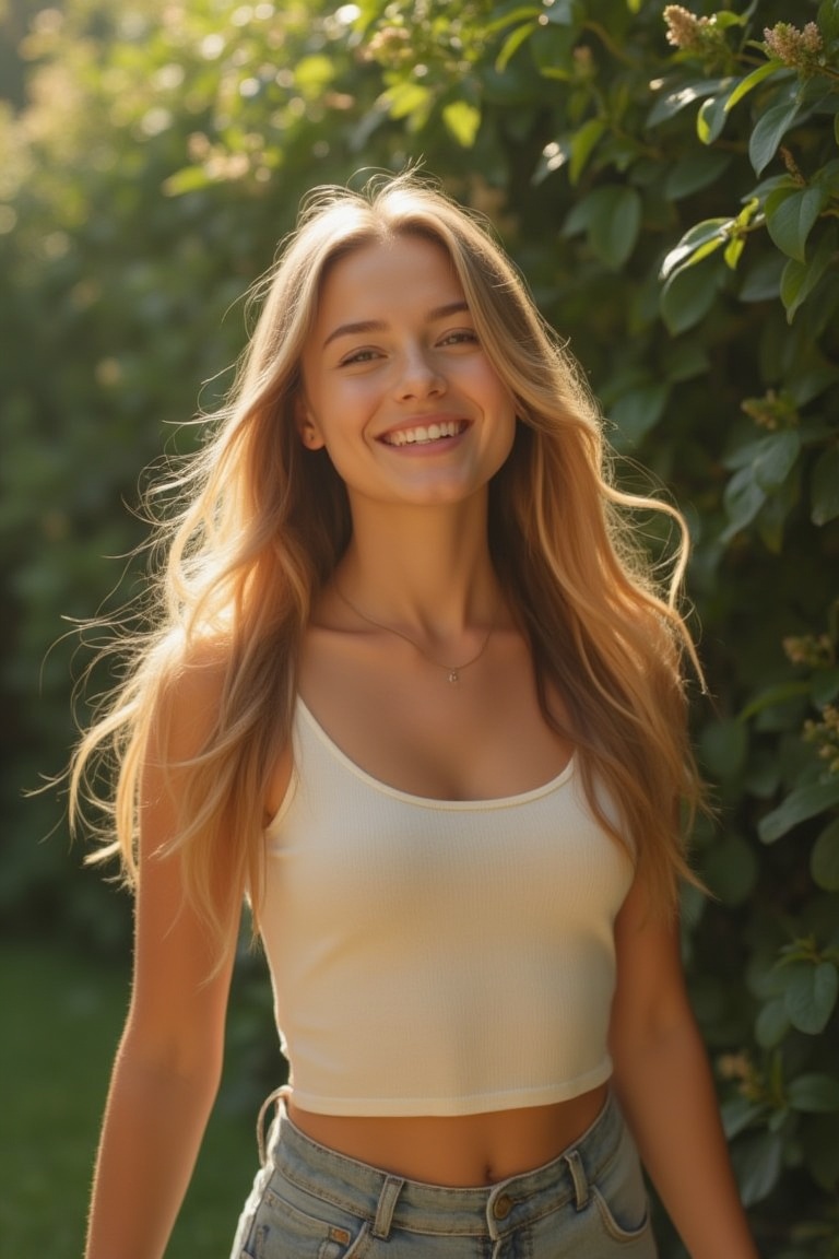 A radiant teenage girl with flowing golden locks and bright smile poses confidently against a lush backdrop of emerald gre...