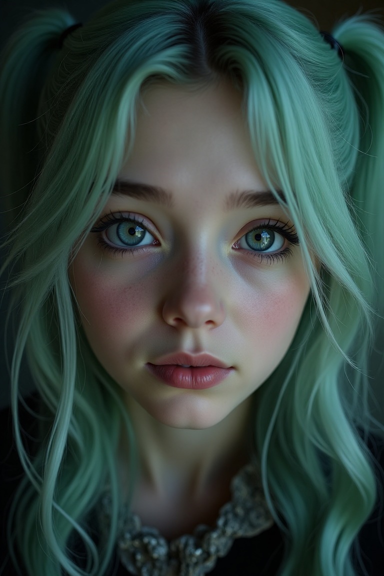 masterpiece,  highly detailed image of a girl with light gray eyes,  Light green long frizzy hair on Tensor.Art