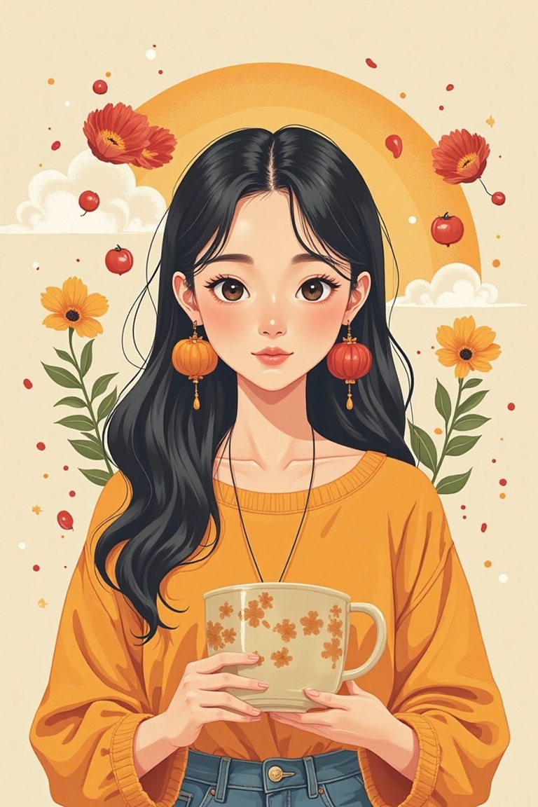 1girl The art should be minimalist and flat colors,  in the style of mixing all around the world. The art style should be...