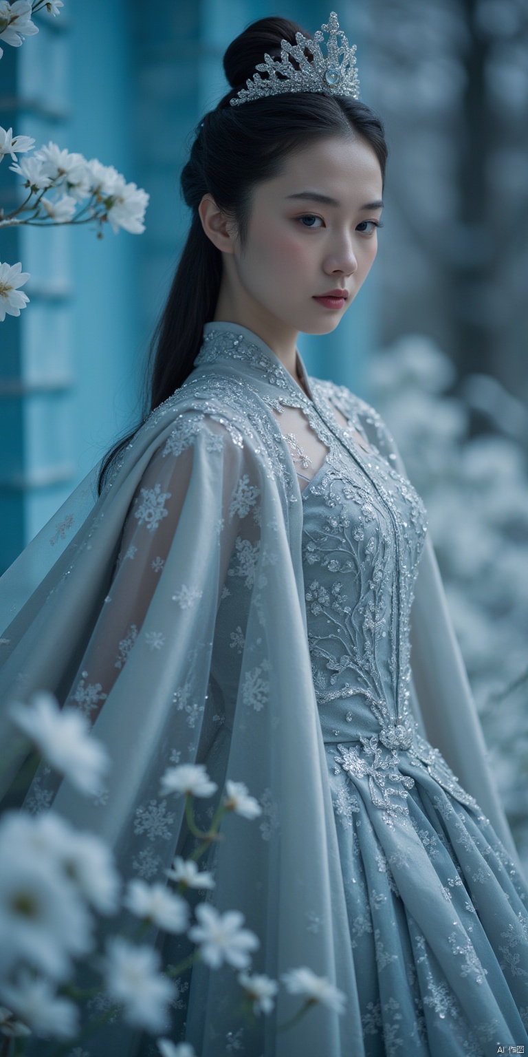 A majestic Raiden Shogun stands solo against a mystical backdrop of ice bricks and delicate flowers. She wears an exquisite snowflake-encrusted dress, her crown adorned with sparkling crystals. The elegant gown flows like silk around her, as the moody lighting casts a warm, cinematic glow. In the foreground, the highly detailed and intricate snowflakes on her dress appear like tiny works of art. The film grain adds texture, while the bokeh effect creates a sense of depth and dimensionality. A stunning vignette of fantasy and elegance, reminiscent of a high-budget Hollywood production.