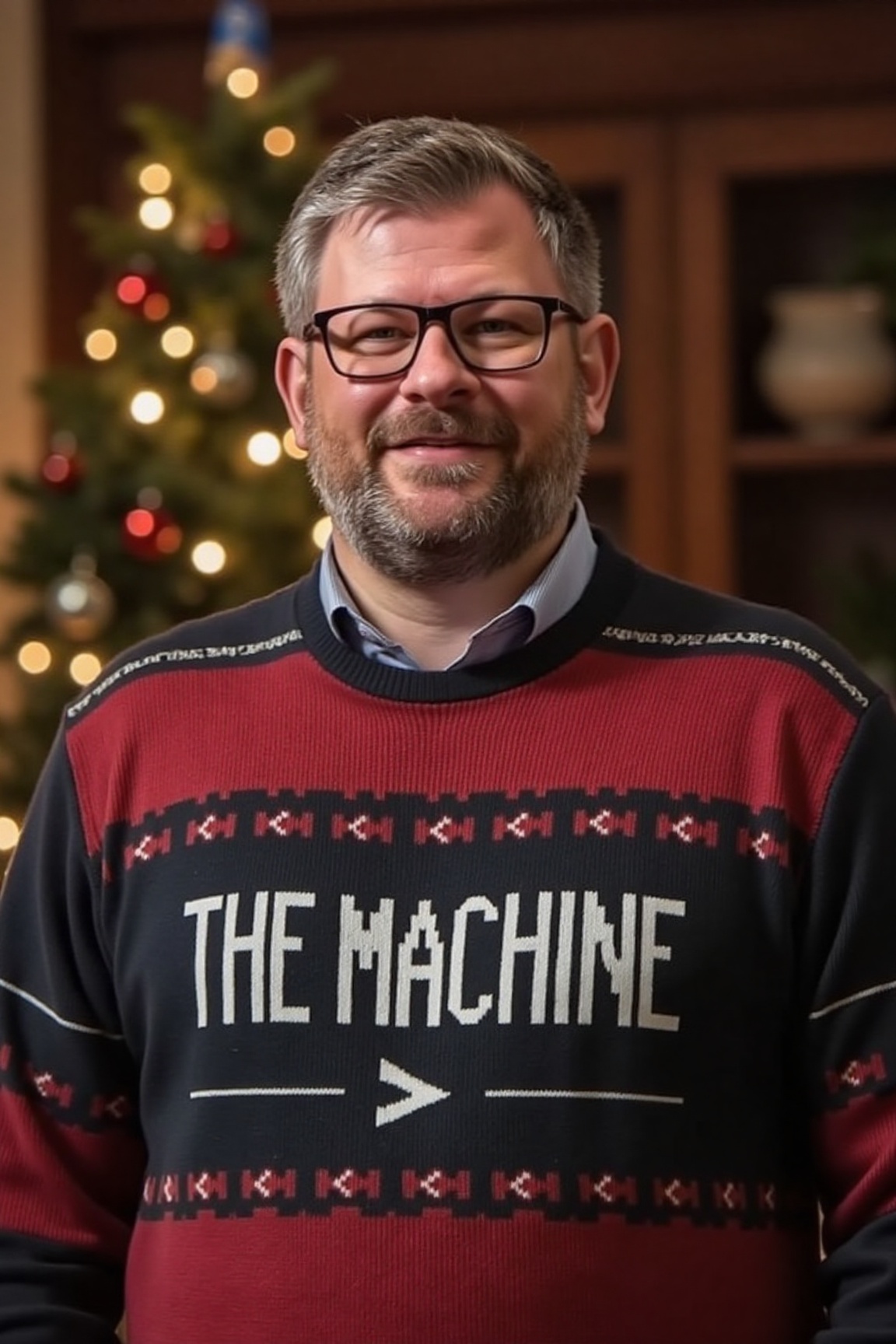 The image is a high-resolution photograph of James Wade,  wearing a Christmas themed sweater with the words "THE MACHINE"...