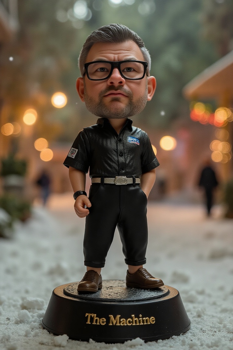 This is a high-resolution photograph of a detailed,  miniature action figure of James Wade,  standing on a round on Tensor...