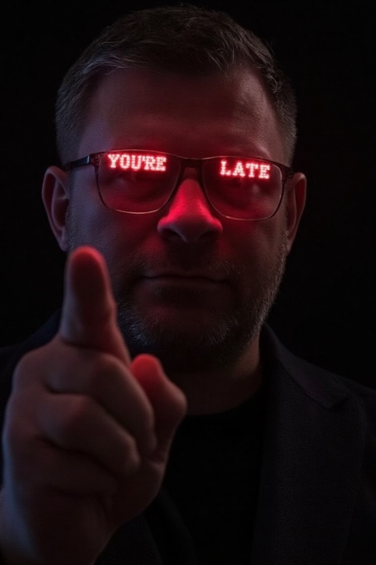The image is a high-resolution close-up photograph of James Wade face,  he is wearing clear glasses that have a red dot ma...