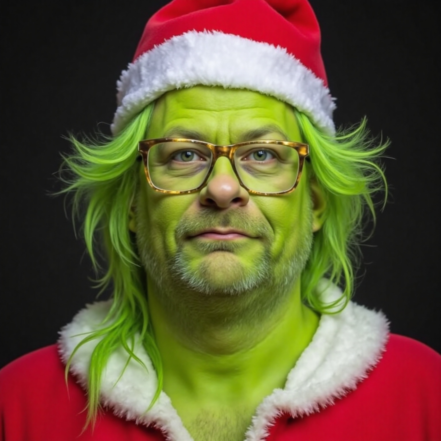The image is a high-resolution upper-body photograph of James Wade,  dressed as the Grinch from the Dr. Seuss story "How t...