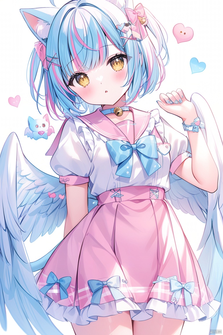 1girl, solo, looking at viewer, blush, short hair, bangs, skirt, shirt, hair ornament, white background, bow, animal ears, blue hair, standing, yellow eyes, white shirt, ahoge, short sleeves, heart, multicolored hair, cowboy shot, frills, parted lips, wings, puffy sleeves, virtual youtuber, cat ears, hand up, bowtie, sailor collar, nail polish, puffy short sleeves, streaked hair, animal ear fluff, head tilt, plaid, bell, blue bow, x hair ornament, feathered wings, pink skirt, arm behind back, kemonomimi mode, pink sailor collar