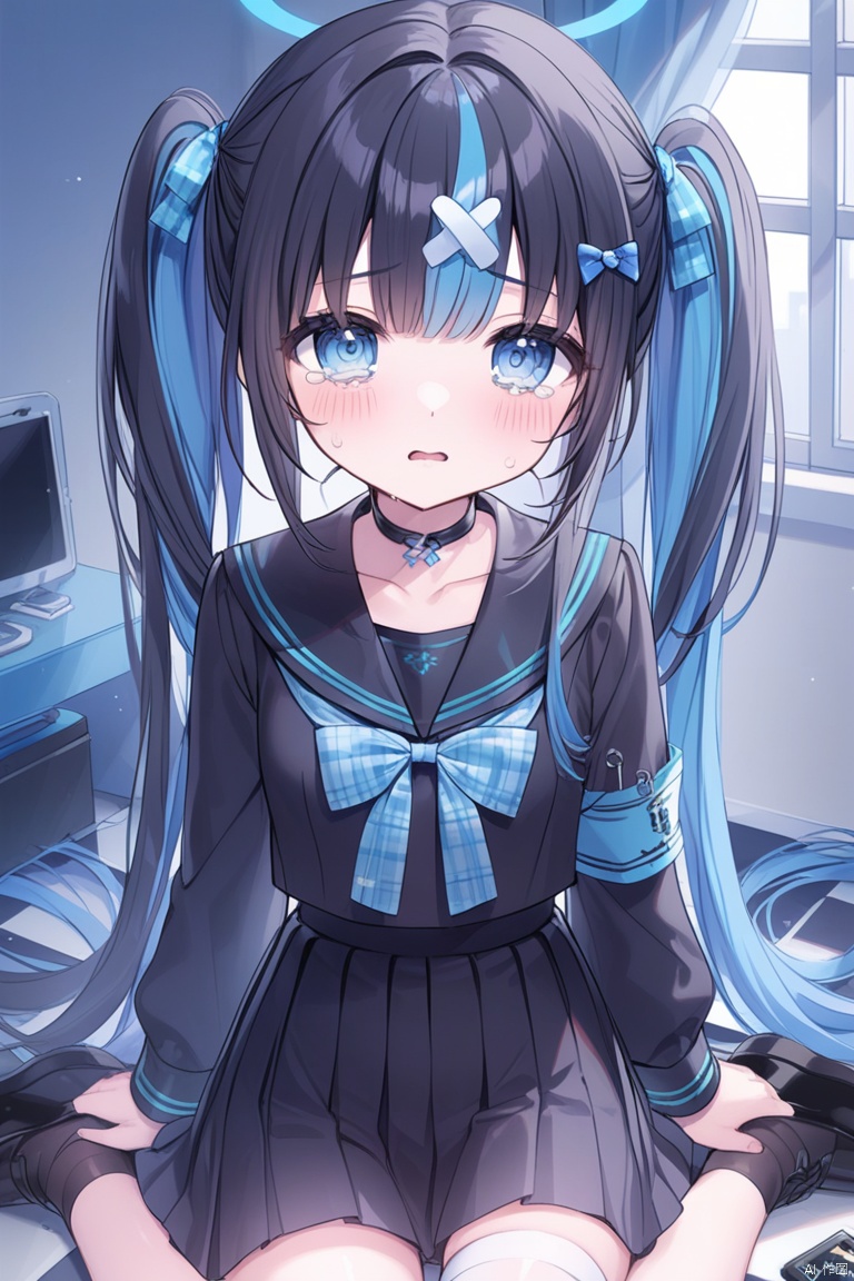 1girl, solo, long hair, looking at viewer, bangs, blue eyes, skirt, shirt, black hair, hair ornament, thighhighs, long sleeves, bow, twintails, sitting, very long hair, school uniform, blue hair, collarbone, hair bow, multicolored hair, pleated skirt, parted lips, shoes, serafuku, choker, puffy sleeves, indoors, tears, black skirt, sailor collar, black footwear, two-tone hair, white thighhighs, plaid, black shirt, window, black bow, halo, blue bow, wariza, bandages, phone, curtains, single thighhigh, armband, bandaid, puffy long sleeves, black sailor collar, black serafuku, bandaged leg, checkered floor, plaid bow, crossed bandaids, safety pin