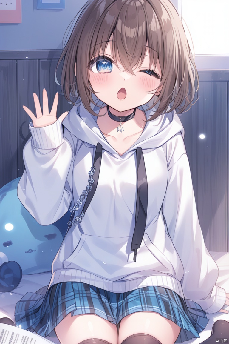 1girl, solo, looking at viewer, blush, short hair, open mouth, bangs, blue eyes, skirt, brown hair, thighhighs, long sleeves, hair between eyes, sitting, pleated skirt, one eye closed, choker, puffy sleeves, black thighhighs, hood, zettai ryouiki, sleeves past wrists, plaid, hoodie, chain, black choker, plaid skirt, piercing, hood down, puffy long sleeves, ;o, white hoodie, yawning