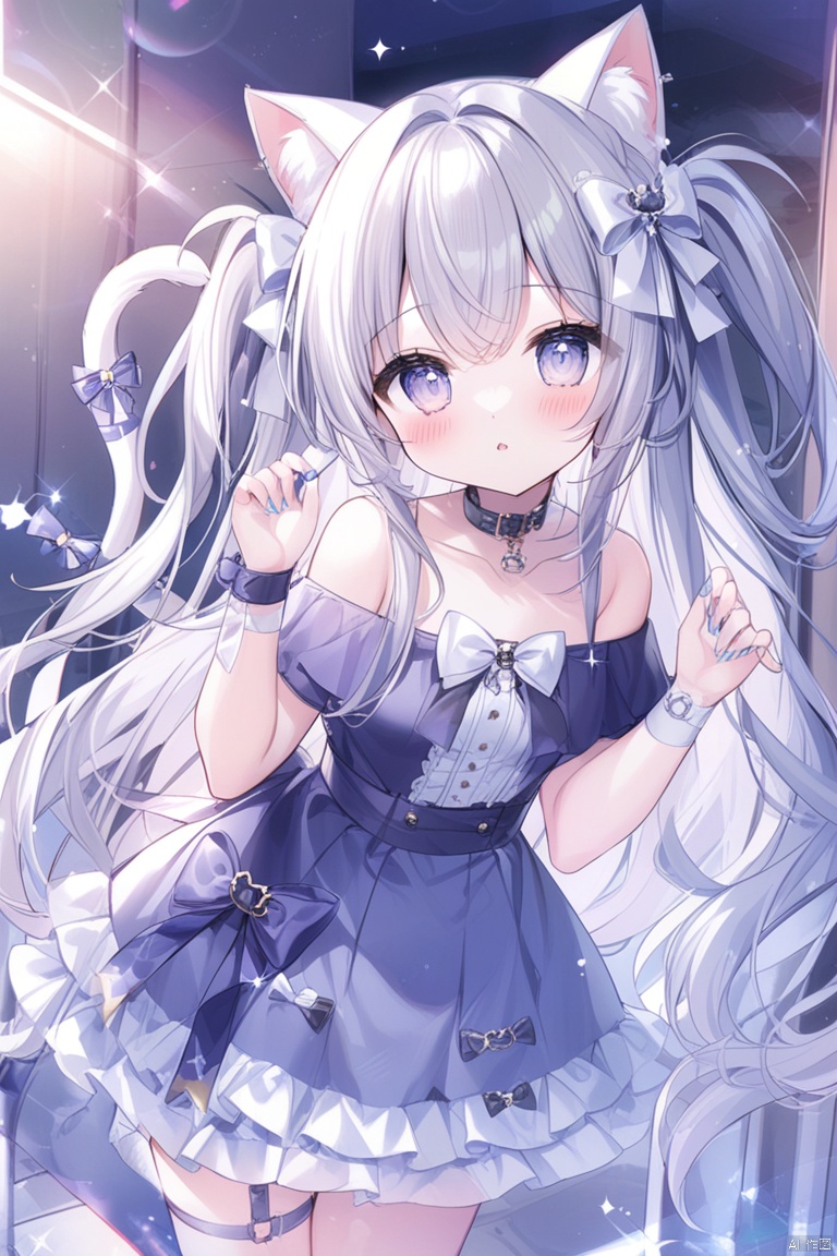1girl, solo, tail_ornament, bow, long_hair, tail, sparkle, cat_tail, blush, nail_polish, tail_bow, very_long_hair, off_shoulder, tail_ribbon, white_bow, hair_bow