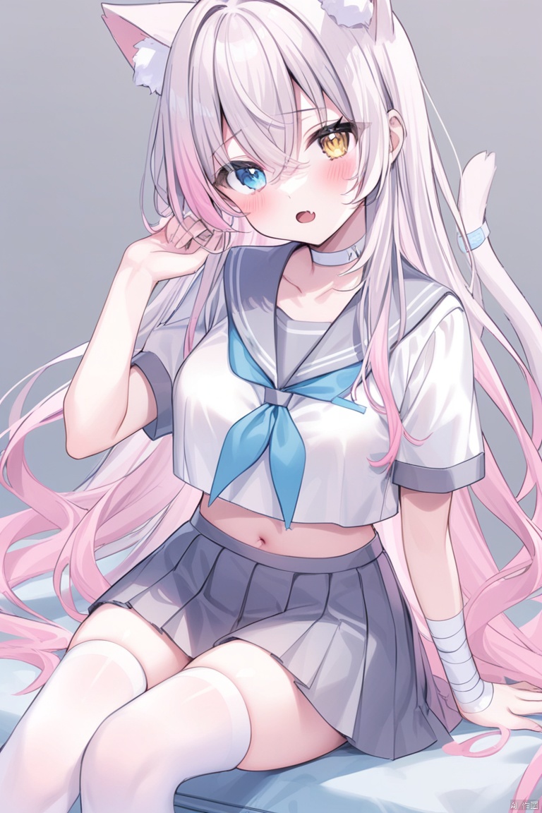 1girl, solo, long hair, breasts, looking at viewer, blush, open mouth, bangs, blue eyes, skirt, simple background, shirt, thighhighs, navel, animal ears, hair between eyes, sitting, very long hair, school uniform, collarbone, tail, yellow eyes, white shirt, pink hair, white hair, short sleeves, thighs, multicolored hair, pleated skirt, serafuku, choker, fang, midriff, cat ears, hand up, miniskirt, sailor collar, grey background, stomach, white thighhighs, crop top, cat tail, neckerchief, animal ear fluff, gradient hair, feet out of frame, heterochromia, bandages, cat girl, bandaid, extra ears, grey skirt, bandaged arm, crop top overhang, white choker