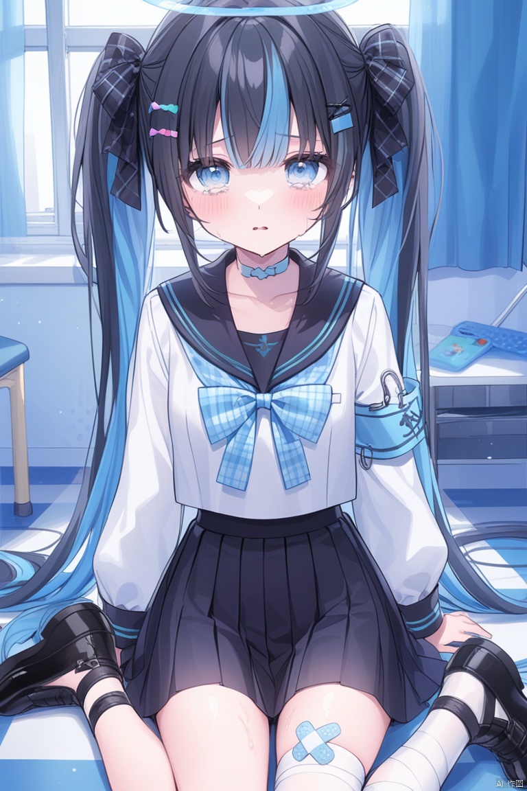 1girl, solo, long hair, looking at viewer, bangs, blue eyes, skirt, shirt, black hair, hair ornament, thighhighs, long sleeves, bow, twintails, sitting, very long hair, school uniform, blue hair, collarbone, hair bow, multicolored hair, pleated skirt, parted lips, shoes, serafuku, choker, puffy sleeves, indoors, tears, black skirt, sailor collar, black footwear, two-tone hair, white thighhighs, plaid, black shirt, window, black bow, halo, blue bow, wariza, bandages, phone, curtains, single thighhigh, armband, bandaid, puffy long sleeves, black sailor collar, black serafuku, bandaged leg, checkered floor, plaid bow, crossed bandaids, safety pin