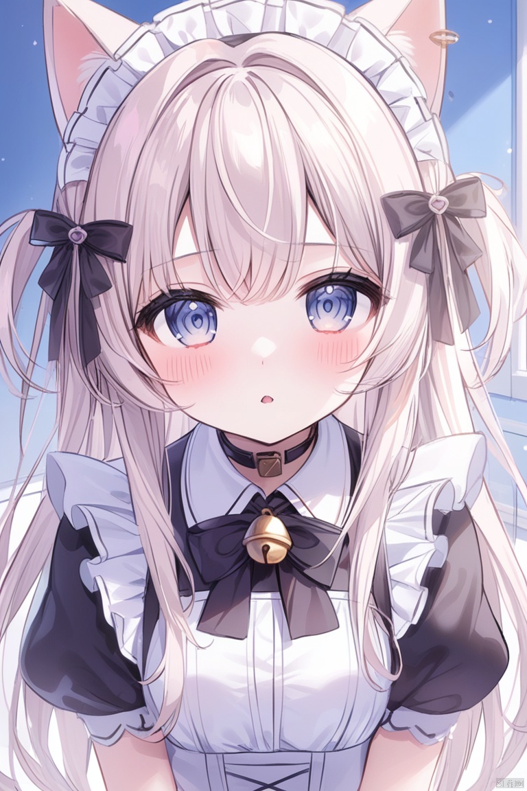  1girl, bell, jingle_bell, solo, animal_ears, long_hair, maid_headdress, neck_bell, black_bow, cat_ears, ribbon, hair_ribbon, maid, black_ribbon, blush, bow, upper_body, looking_at_viewer, puffy_sleeves