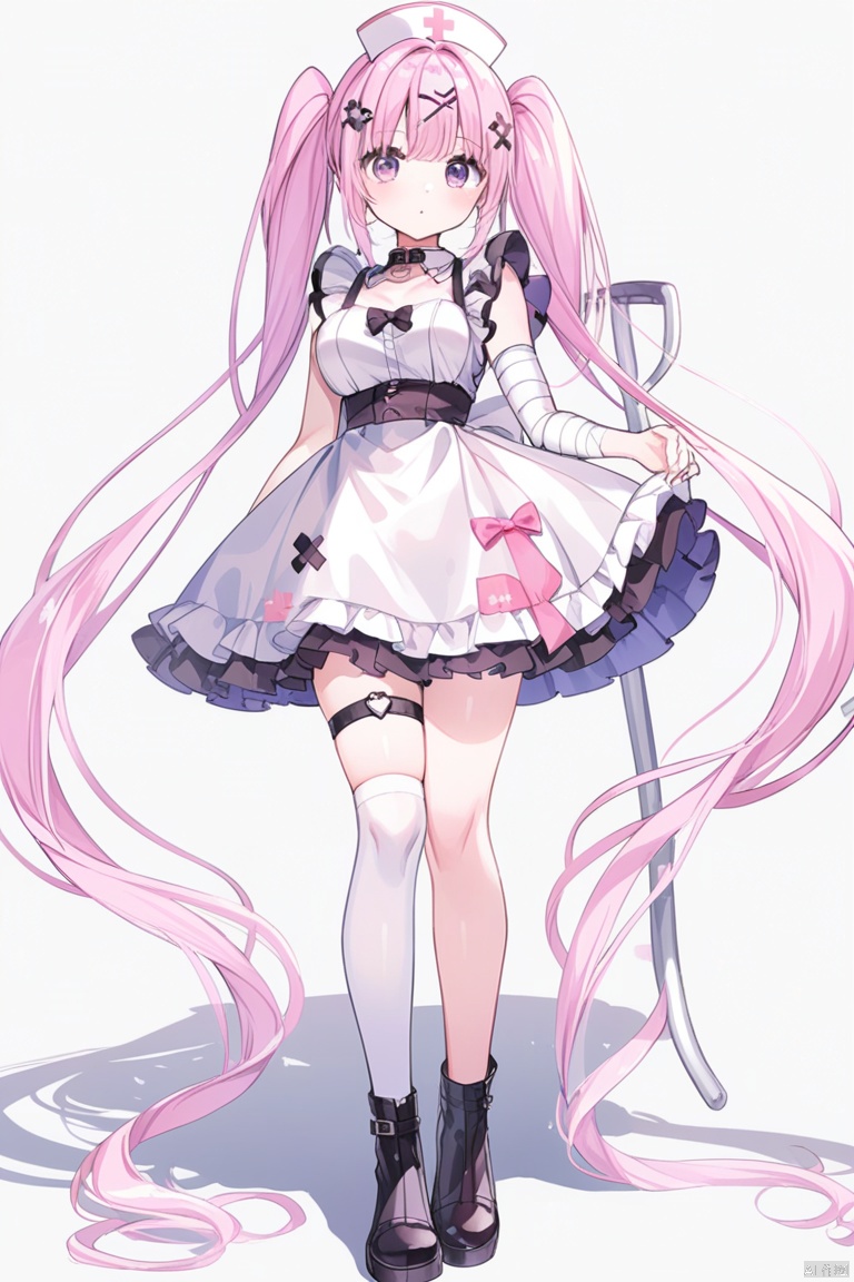 1girl, solo, long hair, breasts, looking at viewer, bangs, simple background, hair ornament, thighhighs, hat, white background, dress, bow, twintails, very long hair, standing, purple eyes, full body, pink hair, boots, frills, sleeveless, hairclip, pink eyes, white dress, apron, white thighhighs, black bow, thigh strap, sleeveless dress, shadow, white headwear, bandages, frilled dress, x hair ornament, single thighhigh, asymmetrical legwear, bandaged arm, nurse cap, absurdly long hair, nurse