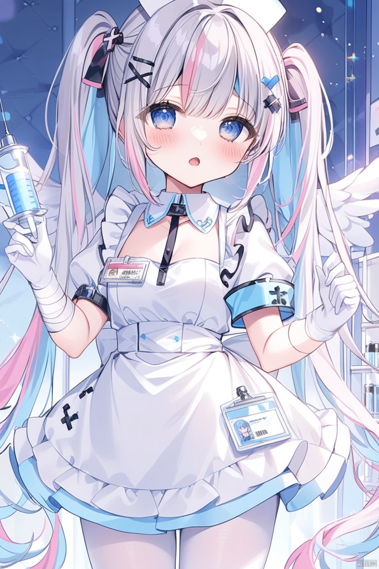 1girl, solo, long hair, looking at viewer, blush, open mouth, bangs, blue eyes, hair ornament, gloves, hat, dress, holding, twintails, very long hair, blue hair, pink hair, short sleeves, grey hair, pantyhose, multicolored hair, frills, wings, puffy sleeves, virtual youtuber, white gloves, white dress, apron, puffy short sleeves, streaked hair, detached collar, bandages, x hair ornament, armband, white apron, white pantyhose, angel wings, colored inner hair, bandaged arm, nurse cap, nurse, id card, official alternate hairstyle, syringe, official alternate hair length, holding syringe, amane kanata