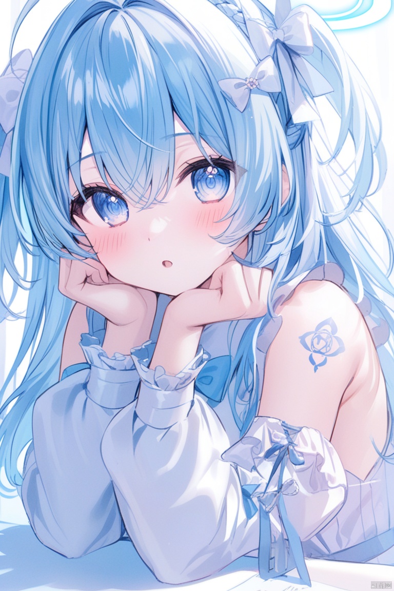 1girl, solo, long hair, looking at viewer, blush, bangs, blue eyes, shirt, hair ornament, long sleeves, bow, hair between eyes, bare shoulders, blue hair, white shirt, upper body, braid, ahoge, hair bow, frills, parted lips, detached sleeves, :o, two side up, tattoo, halo, hair intakes, white bow, puffy long sleeves, head rest