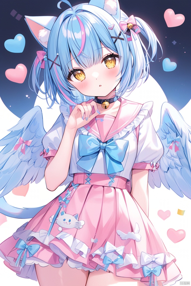 1girl, solo, looking at viewer, blush, short hair, bangs, skirt, shirt, hair ornament, white background, bow, animal ears, blue hair, standing, yellow eyes, white shirt, ahoge, short sleeves, heart, multicolored hair, cowboy shot, frills, parted lips, wings, puffy sleeves, virtual youtuber, cat ears, hand up, bowtie, sailor collar, nail polish, puffy short sleeves, streaked hair, animal ear fluff, head tilt, plaid, bell, blue bow, x hair ornament, feathered wings, pink skirt, arm behind back, kemonomimi mode, pink sailor collar