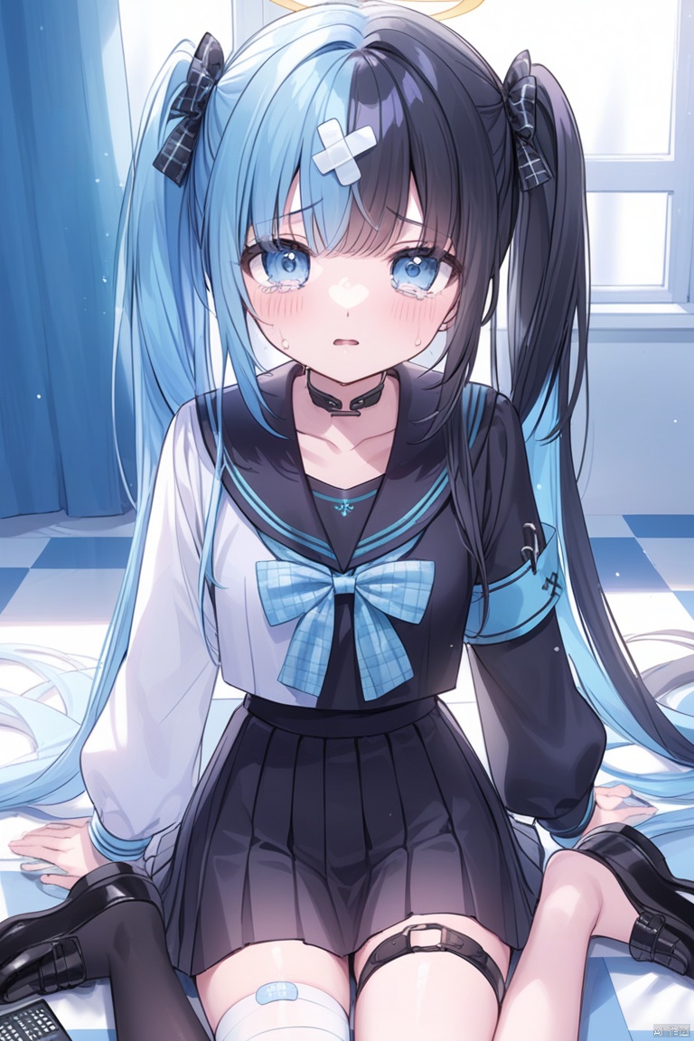 1girl, solo, long hair, looking at viewer, bangs, blue eyes, skirt, shirt, black hair, hair ornament, thighhighs, long sleeves, bow, twintails, sitting, very long hair, school uniform, blue hair, collarbone, hair bow, multicolored hair, pleated skirt, parted lips, shoes, serafuku, choker, puffy sleeves, indoors, tears, black skirt, sailor collar, black footwear, two-tone hair, white thighhighs, plaid, black shirt, window, black bow, halo, blue bow, wariza, bandages, phone, curtains, single thighhigh, armband, bandaid, puffy long sleeves, black sailor collar, black serafuku, bandaged leg, checkered floor, plaid bow, crossed bandaids, safety pin