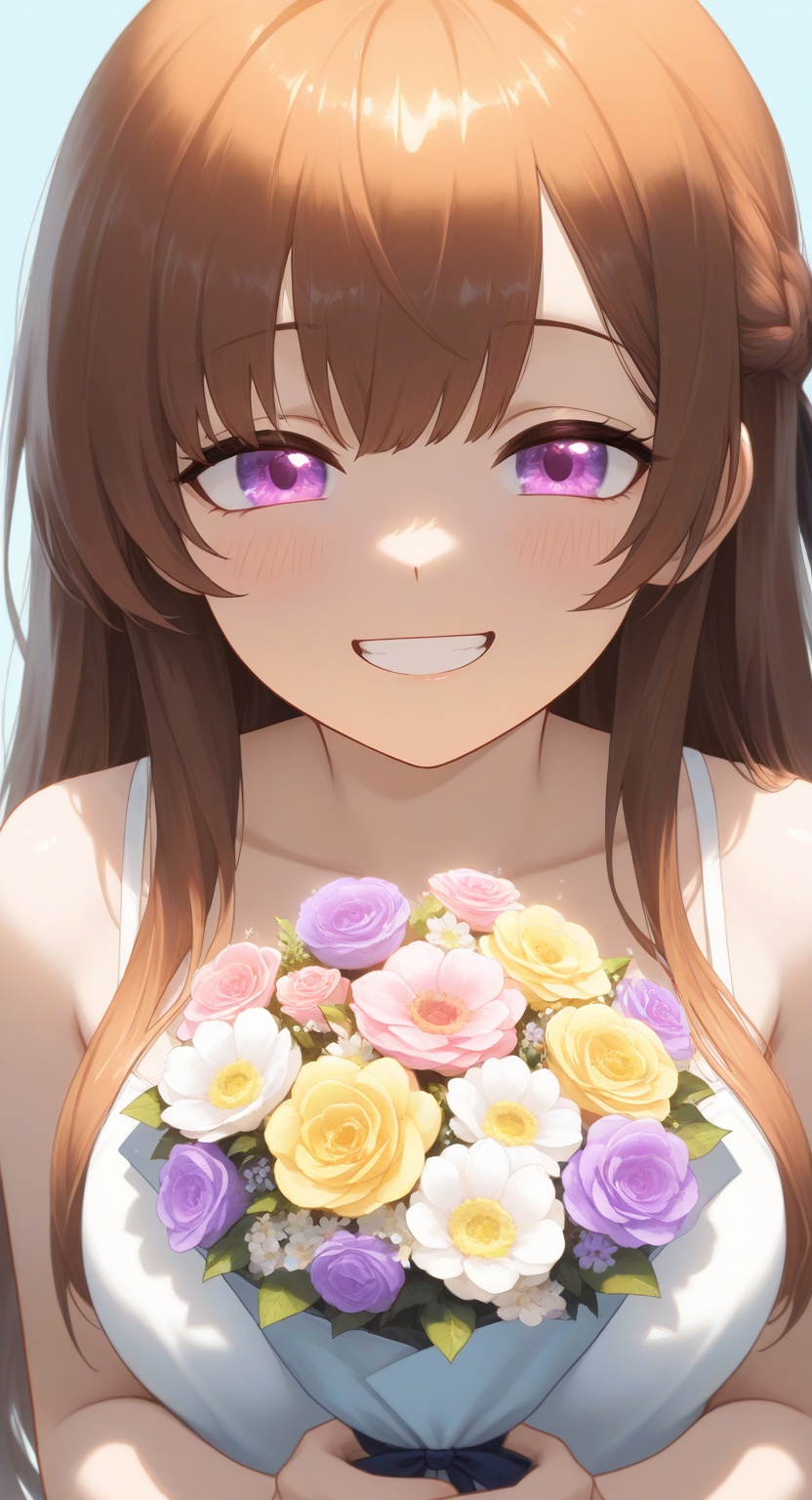 A close-up shot of a joyful girl,  beaming with a bright smile,  as she playfully holds up a bouquet of vibrant on Tensor.Art