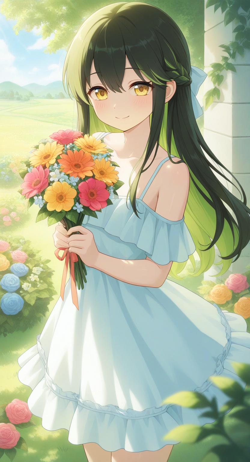 A young girl stands in a lush meadow,  her bright smile radiating as she playfully holds up a bouquet of vibrant flowers....