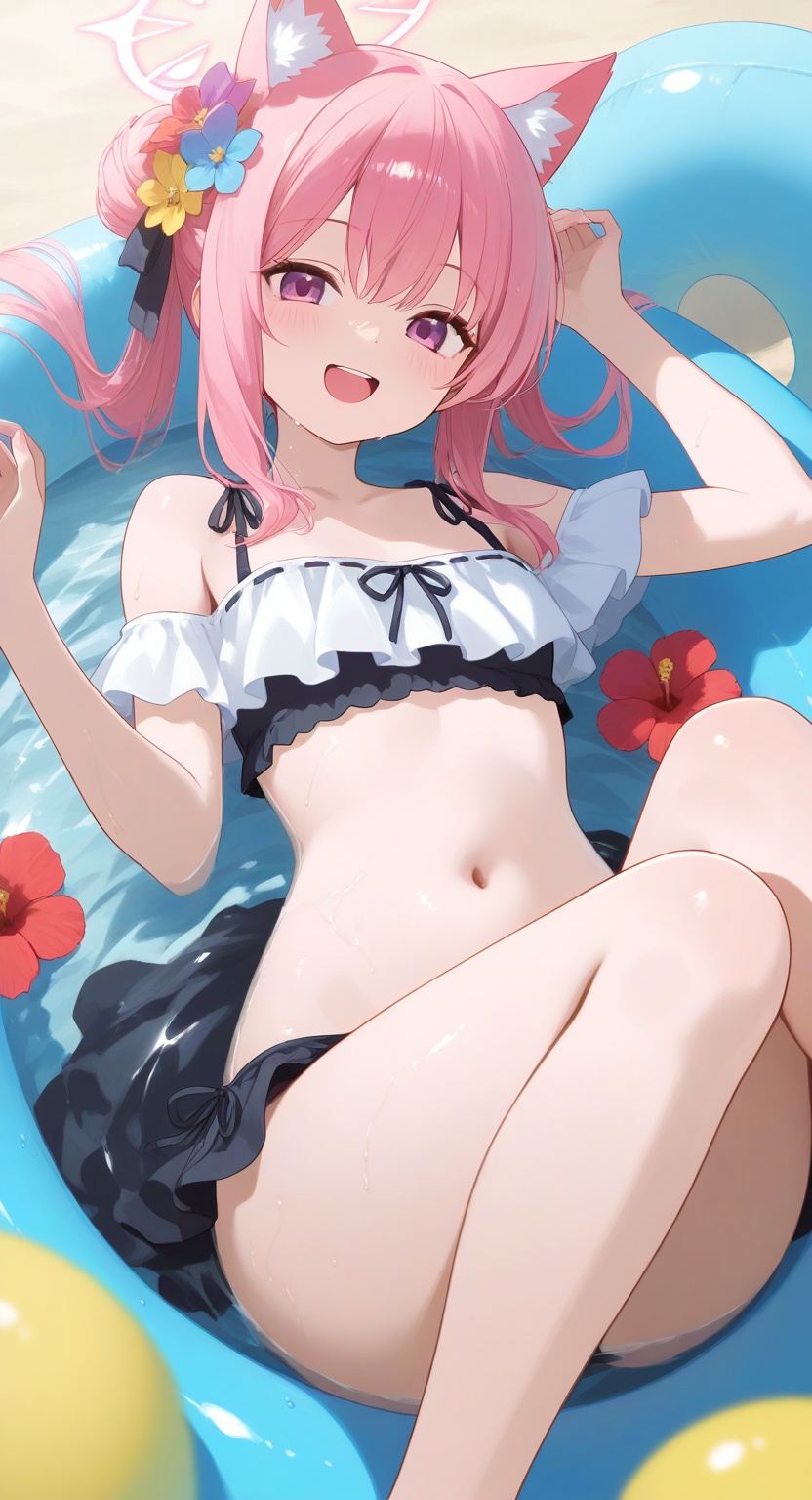 Girl in a playful pose,  smiling and holding up a pair of colorful flowers?,  4k on Tensor.Art