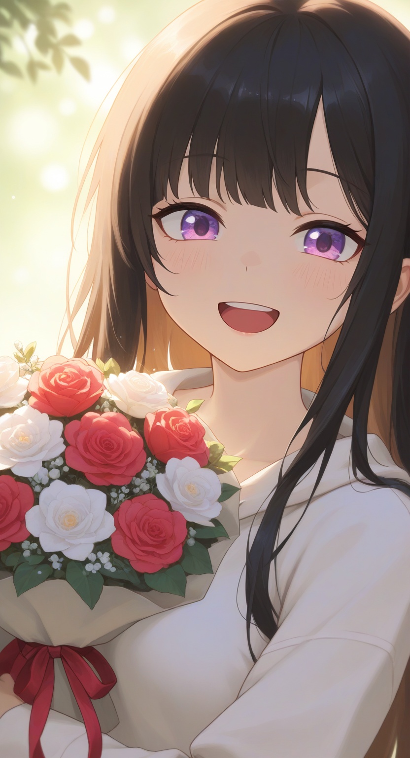 A close-up shot of a joyful girl,  beaming with a bright smile,  as she playfully holds up a bouquet of vibrant on Tensor.Art