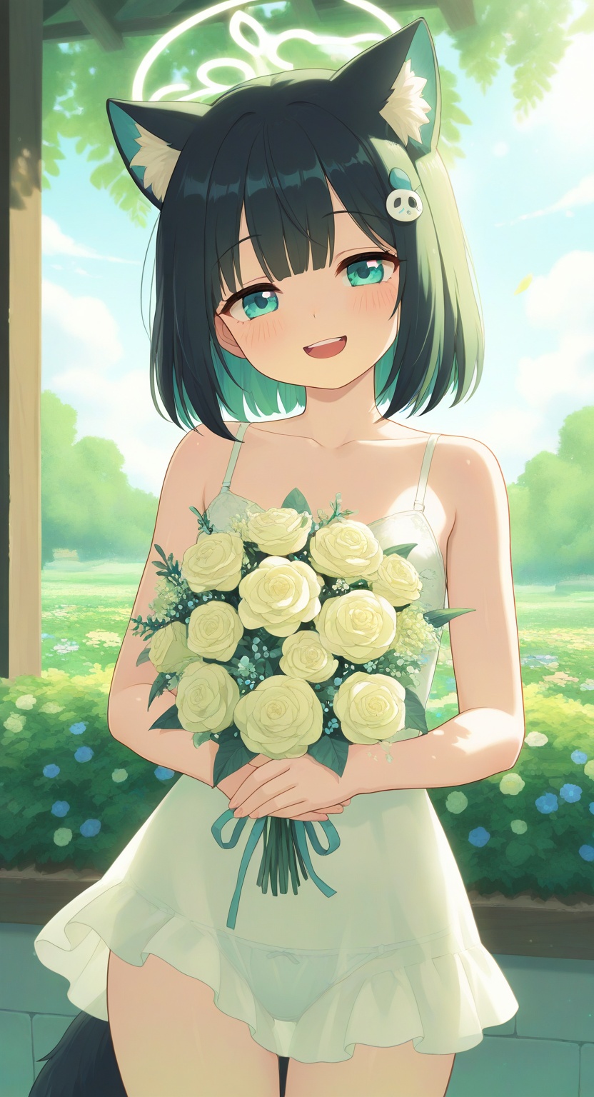 A young girl stands in a lush meadow,  her bright smile radiating as she playfully holds up a bouquet of vibrant flowers....