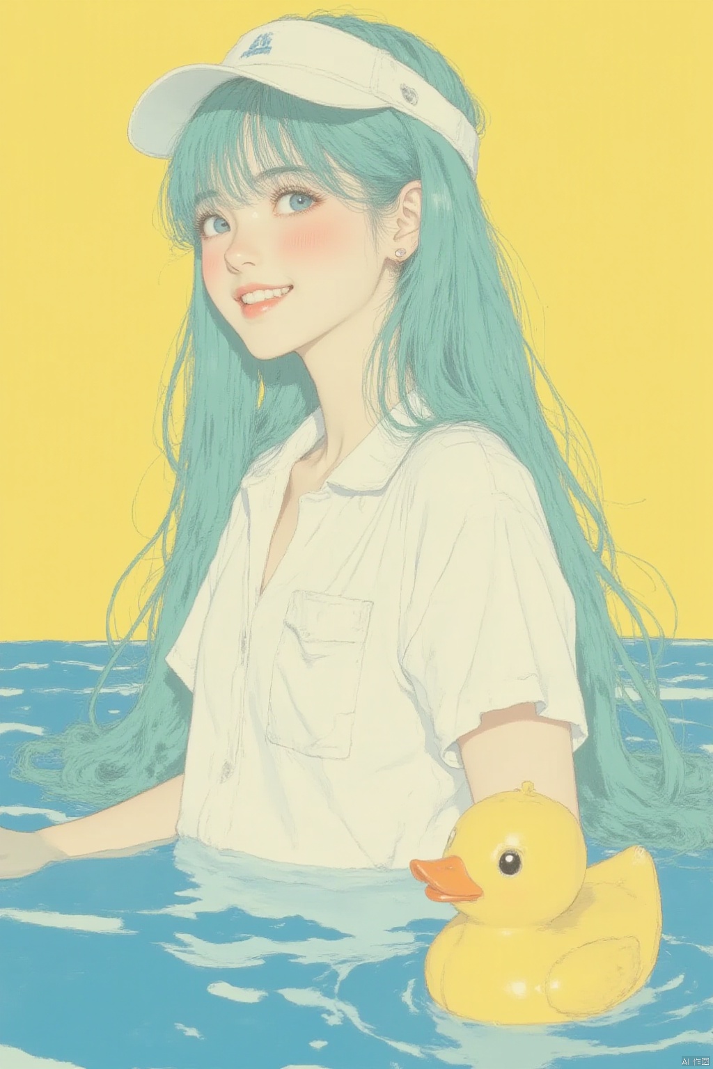1girl, solo, long hair, looking at viewer, blush, smile, bangs, blue eyes, jewelry, blue hair, upper body, earrings, looking back, water, grin, aqua eyes, aqua hair, yellow background, visor cap, rubber duck, liquid hair
