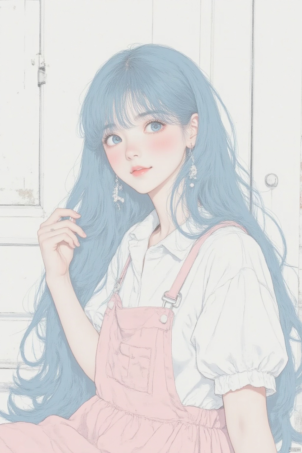 1girl, solo, long hair, looking at viewer, blush, smile, blue eyes, shirt, white background, dress, jewelry, very long hair, closed mouth, blue hair, white shirt, short sleeves, earrings, puffy sleeves, puffy short sleeves, parted bangs, pink dress, stairs